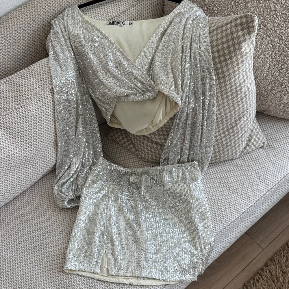 Silver Sequin Wrap Top and Skirt Set
